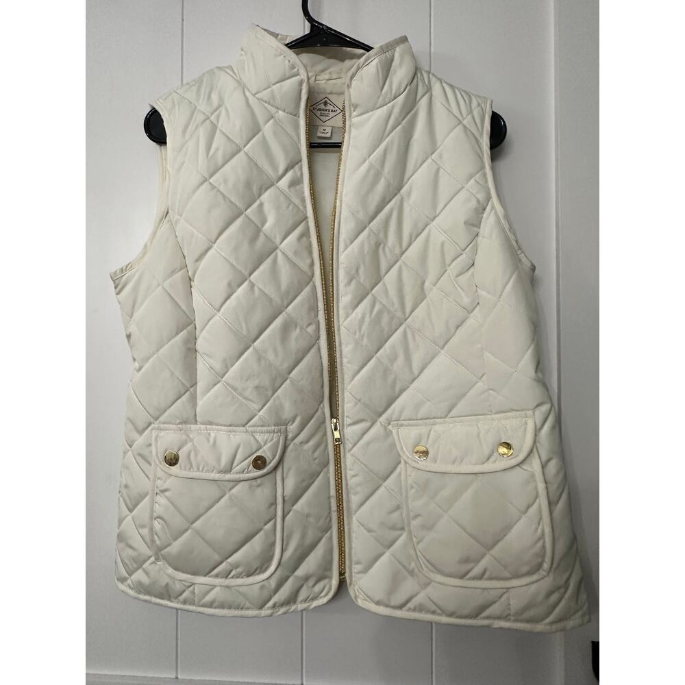 St Johns Bay Quilted Ivory w/Gold Trim Vest Womens Medium Zip Up Pockets EUC